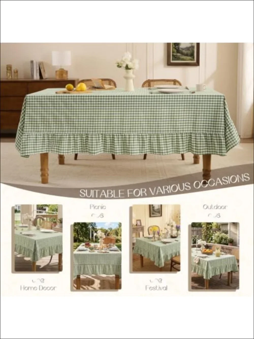 Ruffled Gingham Tablecloth 60x84 Polyester Cotton Linen Look Dining